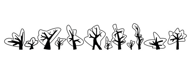 Set of hand drawn trees. Doodle vector illustration. Isolated on a white background.