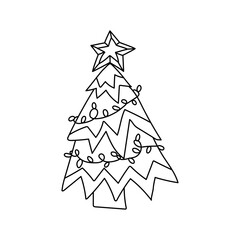 Christmas trees with a garland. Holidays doodles vector illustration. Isolated on a white background.