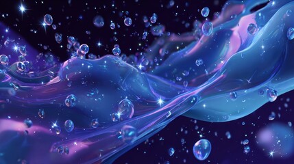 Sparkling blue and purple liquid swirls with ethereal bubbles and shimmering lights create a magical, otherworldly atmosphere perfect for fantasy or science fiction themes.