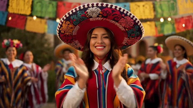 Celebratory Dance in Traditional Attire - A joyful woman in traditional Mexican clothing claps her hands while wearing a colorful sombrero during a festive gathering.