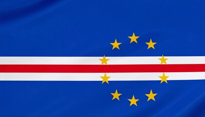 Cape Verde national flag with blue field, central white-red-white stripes, and circle of ten yellow stars on left side.