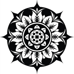 Minimalist tribal mandala silhouette with repeating geometric patterns and intricate details