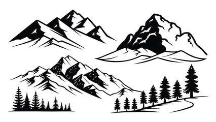 Clean black silhouette mountain range landscape vector design elements for outdoor adventure themes