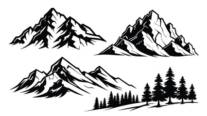 Collection of black silhouette mountain symbols and icons for outdoor adventure and nature designs