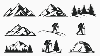 Collection of nine minimalist monochrome mountain icons for graphic design projects