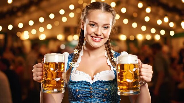 Cheerful Beer Server at Festive Gathering - The video captures a smiling young woman wearing a traditional blue Bavarian dress, holding two large mugs of beer.