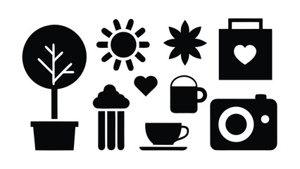 Simple black silhouette icons set featuring heart and essential symbols for design projects