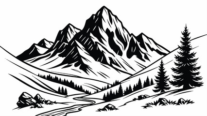 Stylized black geometric mountain range landscape with clean lines and sharp peaks