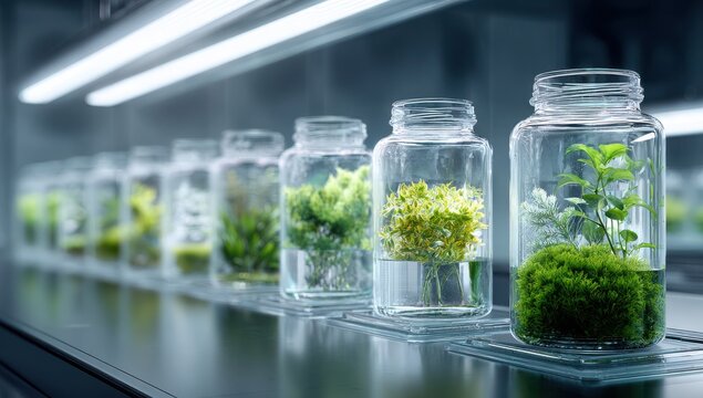 Life in a Laboratory Jar: A collection of glass jars with diverse plants arranged in a laboratory, hinting at scientific growth, the light of the lab, and the delicate life within.