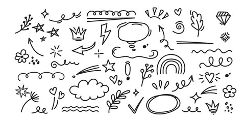 Line cute element set. Hand-drawn sketch doodle style arrow, cloud, star with marker stroke pencil highlight. Doodle sketch heart, star, cloud cartoon sticker shapes