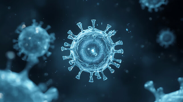 digital virus particle with illuminated rna and dna strands in scientific visualization