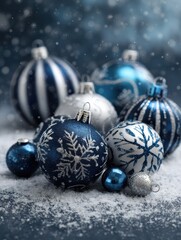 christmas ornaments blue and silver on a snowy backdrop