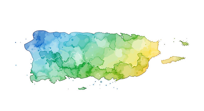 Vibrant Watercolor Map of Puerto Rico and its Islands, Capturing Caribbean Beauty and Geography