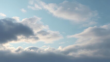 Obraz premium Azure sky with fluffy white and gray clouds, illuminated by soft sunlight