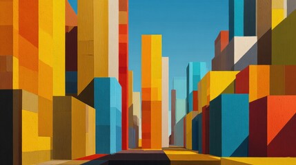 Vibrant abstract cityscape with bold geometric buildings and striking color palette evokes modern urban energy and architectural dynamism.
