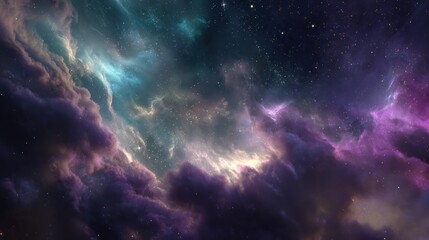 Fototapeta premium Vibrant cosmic nebula glows with stardust and swirling gas clouds, illuminating the vastness of deep space with celestial beauty.