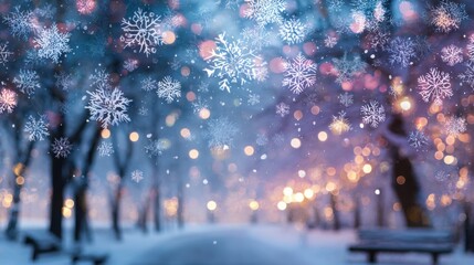 snowflakes falling in a magical park
