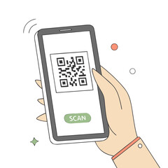 Hand holding smartphone with qr code and scan button
