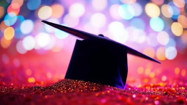 Black graduation cap with gold glitter, bokeh background, celebrating academic achievement. 4k video