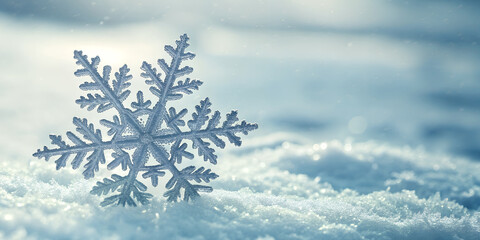Close-up photo of a single snowflake lying on white snow with gentle sunlight reflections. Ideal for minimalist winter backgrounds, greeting cards, posters, and peaceful seasonal imagery
