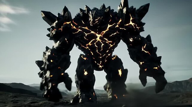 Stone Golem Walking Across Barren Landscape Cinematic Animation