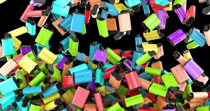 Colorful vape devices falling down and filling the screen with alpha channel. 3D rendering