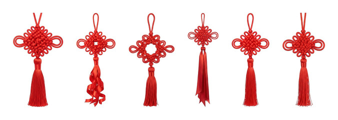 Red Chinese knot set including traditional, square, and ribbon styles isolated. Cultural decoration and good luck symbols.