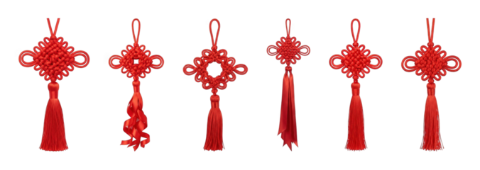 Red Chinese knot set including traditional, square, and ribbon styles isolated. Cultural decoration and good luck symbols.