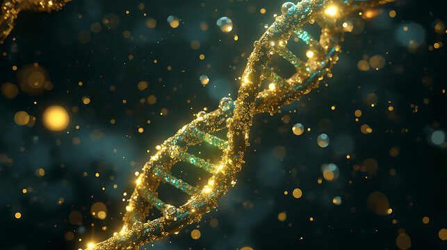 golden dna double helix with glowing particles on dark background in molecular style