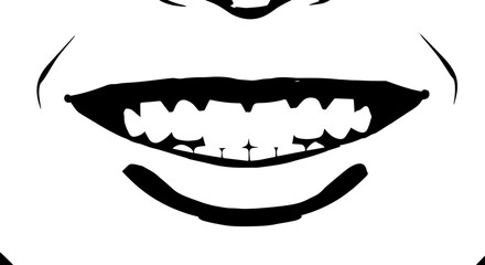 Naklejka premium Simple Black and White Illustration of a Smiling Mouth with Teeth.