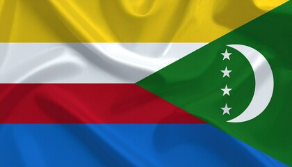 Comoros national flag with yellow, white, red, and blue stripes, green triangle with white crescent and four stars.