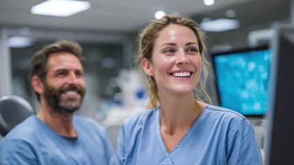 Smiling healthcare professionals collaborate in a bright clinic during a busy workday