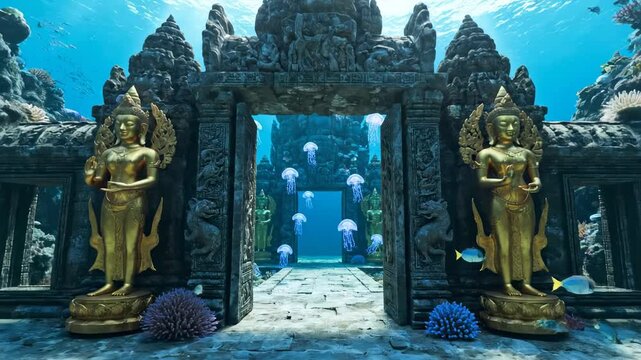 Mesmerizing Underwater Journey: Ethereal Jellyfish Gracefully Swim Through Ancient Submerged Temple Ruins with Golden Statues