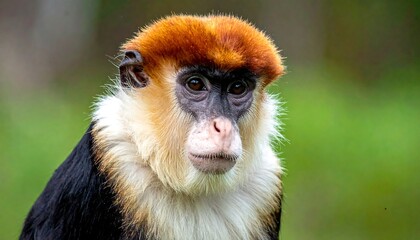 Obraz premium A close-up shot of a monkey with reddish-brown fur on its head, a pale face, and black fur on its body. The background is blurry green foliage