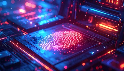 A close-up of a fingerprint on a computer chip glowing red. The technology is surrounded by neon blue circuitry