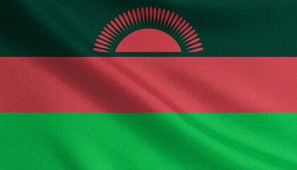 Malawi national flag with horizontal black, red, and green stripes featuring a red rising sun with 31 rays—symbolizing African identity, nature, and freedom.