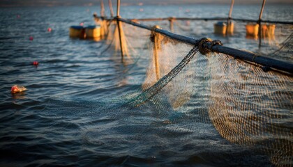 Fototapeta premium Fishing nets are suspended over calm water, with wooden poles bracing the structure, creating a serene aquatic scene with natural reflections