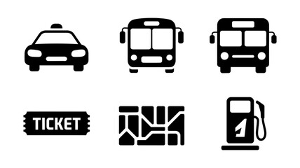 Fototapeta premium Illustration of various public transportation icons includes taxi, bus, ticket, map, and gas station