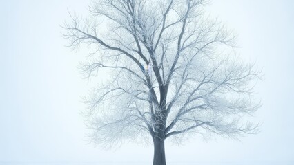 Obraz premium Stark, frosted tree stands against a white, overcast sky, creating a serene, minimalist winter scene