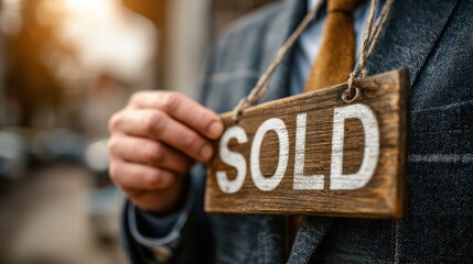 Real estate agent holds sold sign in urban setting during golden hour showcasing successful property sale