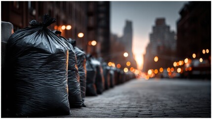 Obraz premium Garbage bags lined up on a city street at dusk with streetlights illuminating the scene