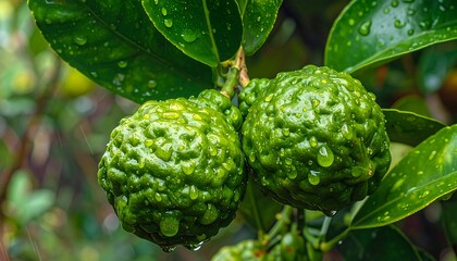 Close Up of Fresh Bergamot Fruits on Branch.