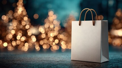 White gift bag stands alone against a background of festive bokeh lights during a holiday season evening
