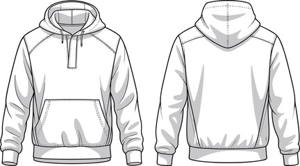 Hoodie, sweatshirt, pullover, hooded, fashion, vector, illustration, front, back, sketch, outline, casual, apparel, design, zipper, pocket, drawstring, ribbed, garment, graphic