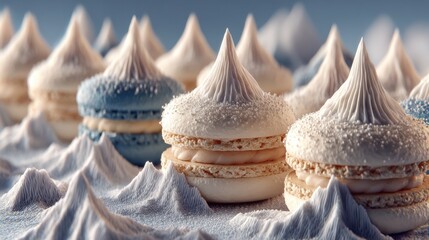 Delicate meringue peaks and macaron pastries arranged like snowy mountains in a creative dessert display during a winter-themed event