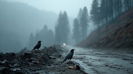 Two crows stand on a muddy road surrounded by foggy trees during a rainy evening in a serene forest