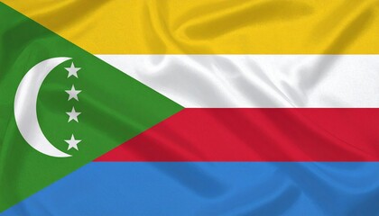 Comoros national flag with horizontal yellow, white, red, and blue stripes, green triangle with white crescent and four stars—symbolic, Islamic, and archipelagic.