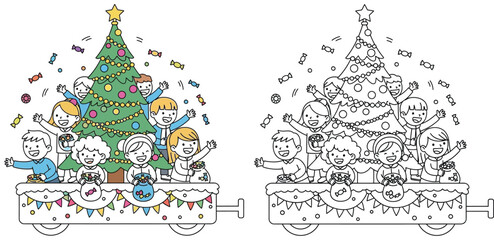 Happy Children Celebrating Christmas on a Festive Parade Float with Sweets and a Decorated Tree - Holiday Season Vector Illustration