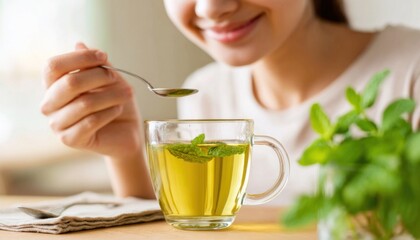 Woman gently sweetening tea with a spoon, showcasing a cozy atmosphere with fresh mint leaves and a warm beverage in a clear glass cup