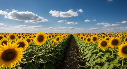 Obraz premium A vast sunflower field stretches to the horizon under a bright blue sky with scattered white clouds